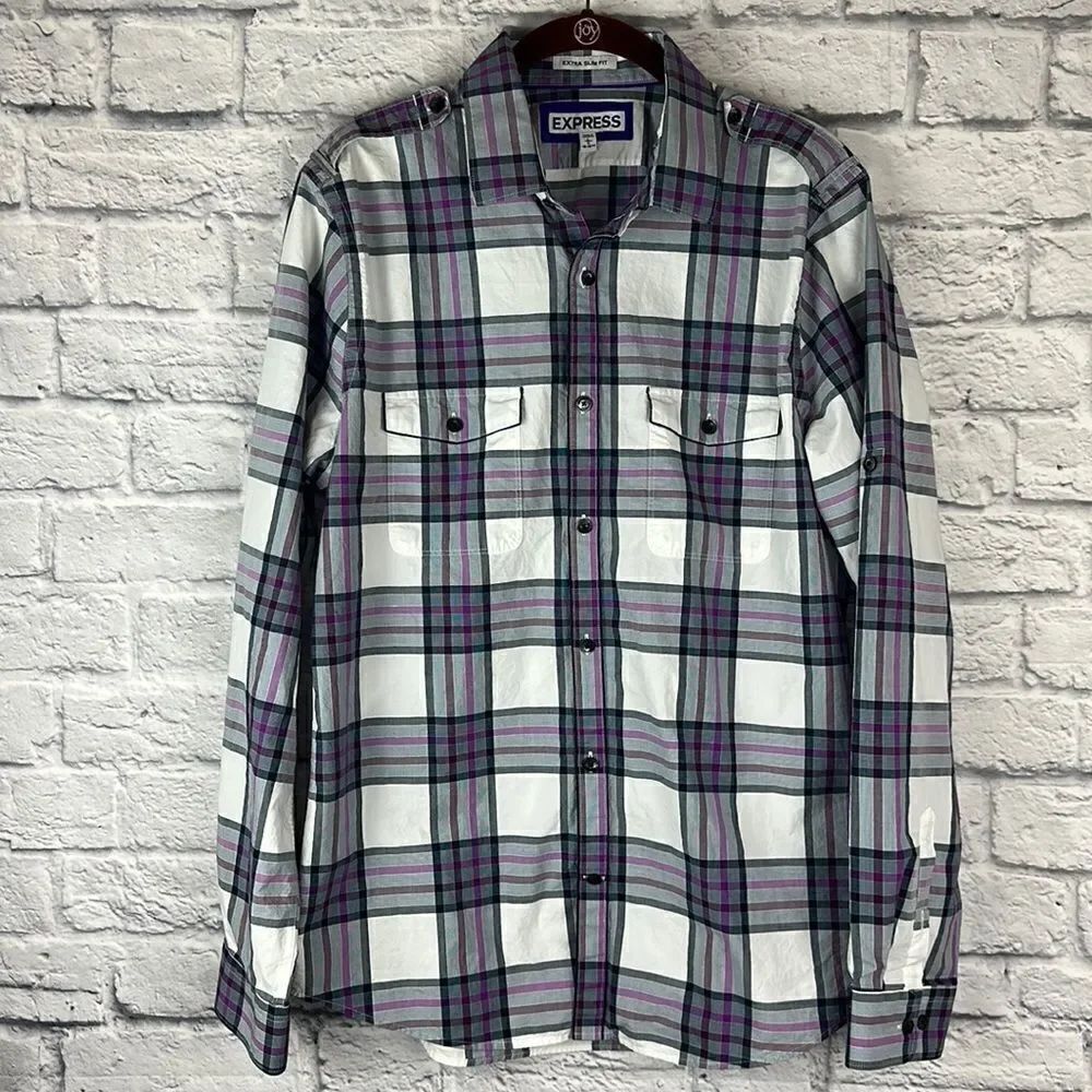 Express Shirt Mens Large 16 16.5 Purple Blue Extra Slim Fit Dress Work Button Up